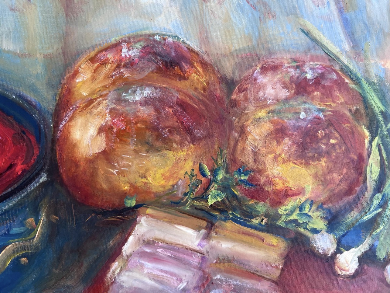 Detail of Ukrainian Lunch. Borscht painting — pampushky, salo and green onions